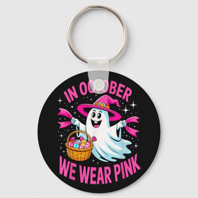 In October We Wear Pink Ribbon Breast Cancer Aware Key Ring (Front)