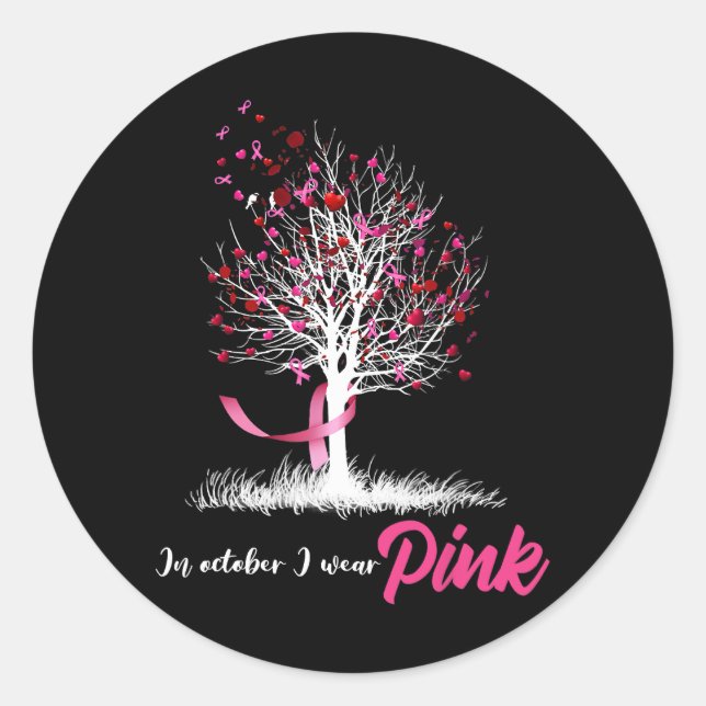 In October We Wear Pink Tree Breast Cancer Awarene Classic Round Sticker (Front)