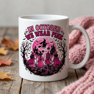 in October We Wear Pink Witch Breast Cancer Hallow Coffee Mug