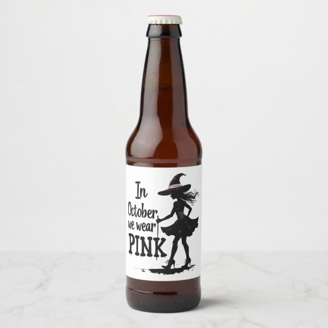 In October We Wear Pink Witches Halloween Party Beer Bottle Label (Front)