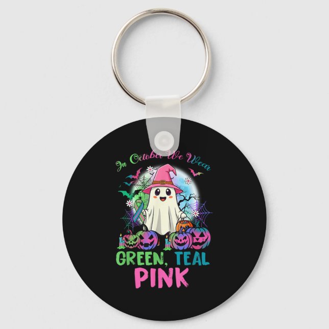 In October We Wear Teal Pink Halloween Metastatic  Key Ring (Front)