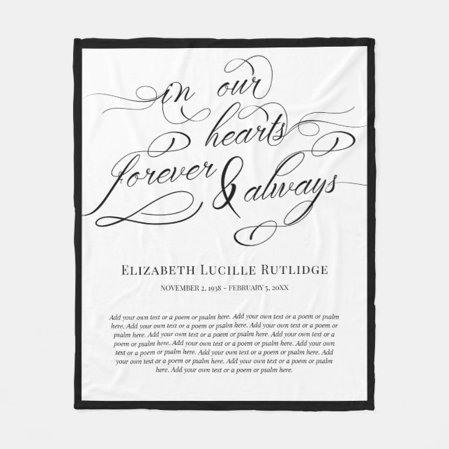 In Our Hearts Forever Black & White Sympathy Fleece Blanket (Front)