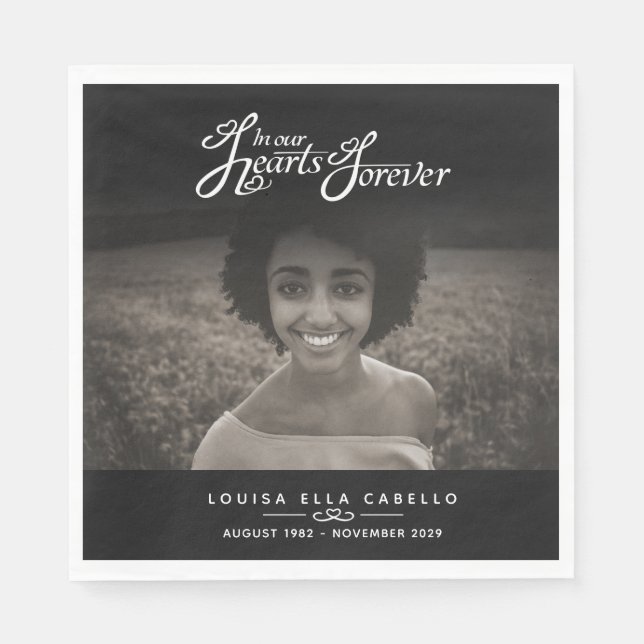 In our hearts forever photo black funeral napkins (Front)