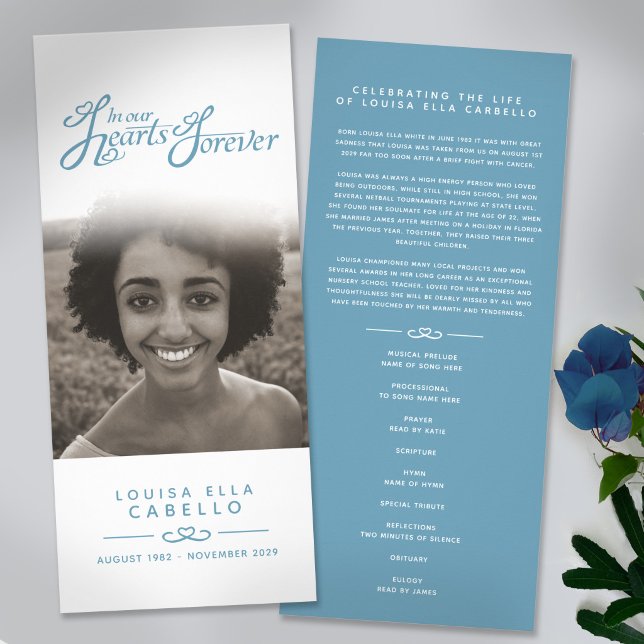 In our hearts funeral program white and blue rack card (Creator Uploaded)