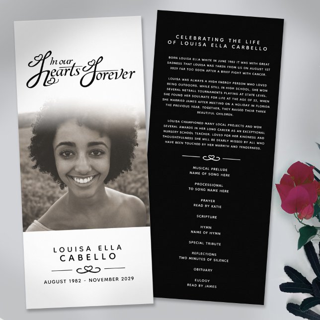 In our hearts funeral program white black mono rack card (Creator Uploaded)
