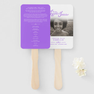 In our hearts funeral purple white wedding program hand fan