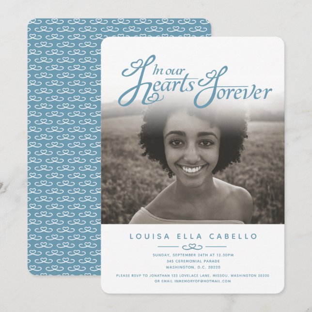 In our hearts photo funeral white blue invites (Front/Back)