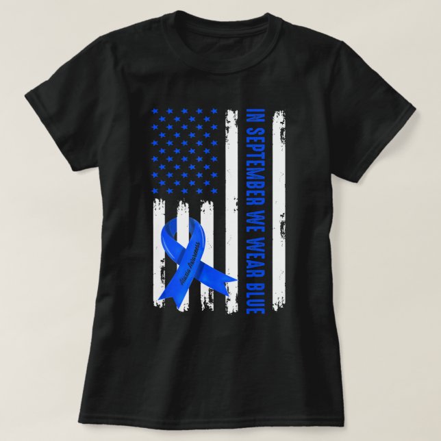 In September We Wear Blue Ribbon Ataxia Awareness  T-Shirt (Design Front)