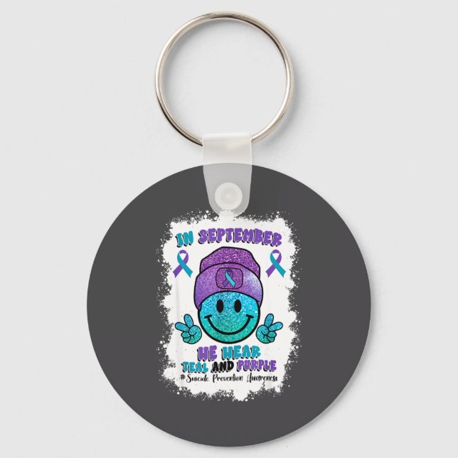 In September We Wear Teal Purple Ribbon Suicide Pr Key Ring (Front)