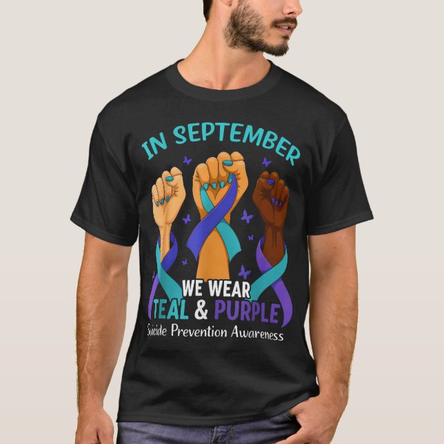 In September We Wear Teal Purple Ribbon Suicide  T-Shirt (Front)