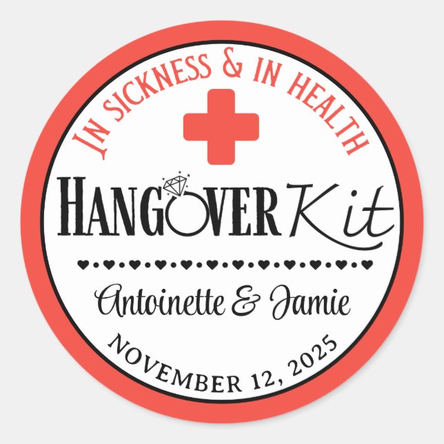 In Sickness & Health Wedding Hangover Kit Red|Blk Classic Round Sticker (Front)