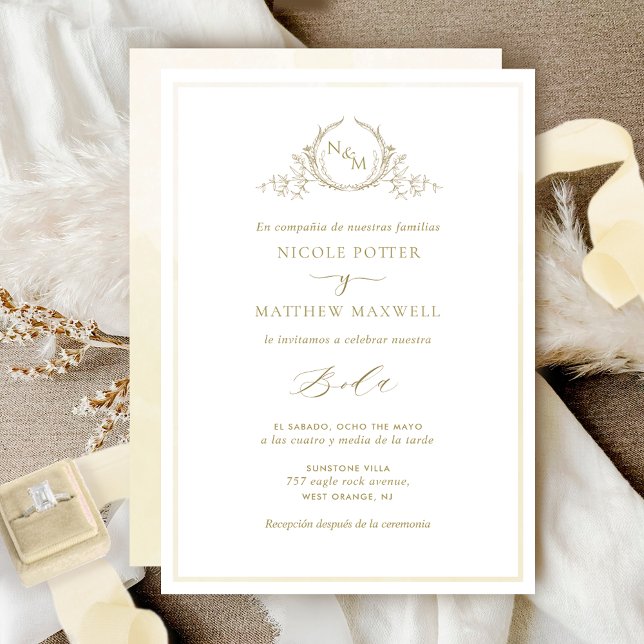 In Spanish, Champagne Elegant Monogram Wedding  Invitation (Creator Uploaded)