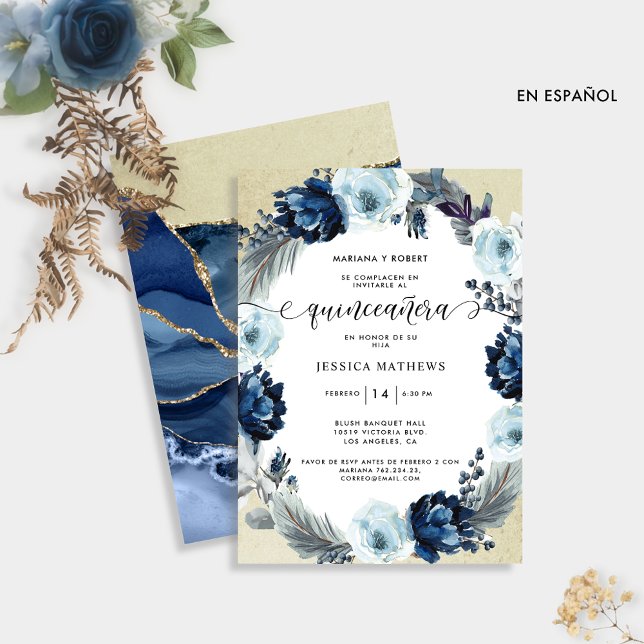 In Spanish, Chic Blue and Gold Floral Quinceañera  (Creator Uploaded)