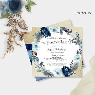 In Spanish, Chic Blue and Gold, Floral Quinceañera Invitation