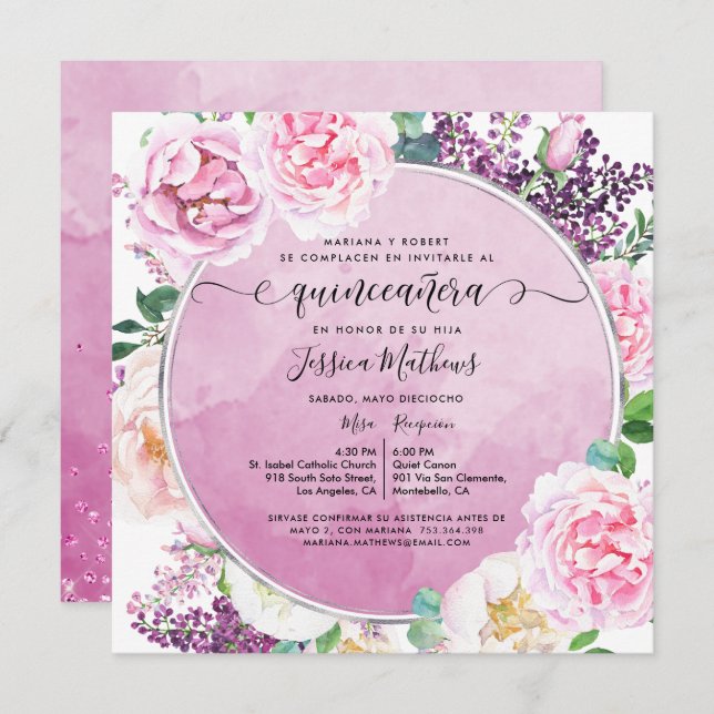 In Spanish, Elegant Fuchsia Floral Quinceañera Invitation (Front/Back)