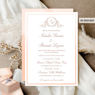 In Spanish, Elegant Peach Monogram Wedding  Invitation