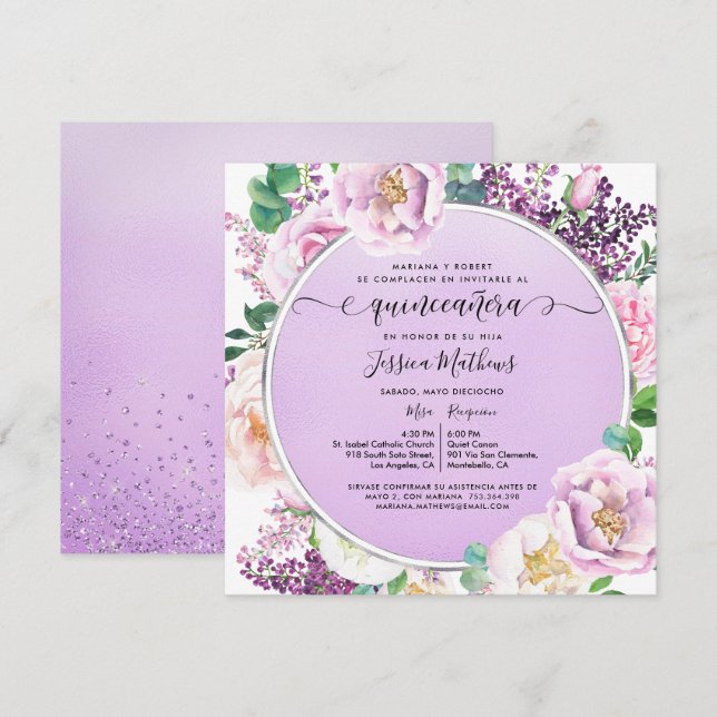 In Spanish, Elegant Purple Floral Quinceanera Invi Invitation (Front/Back)