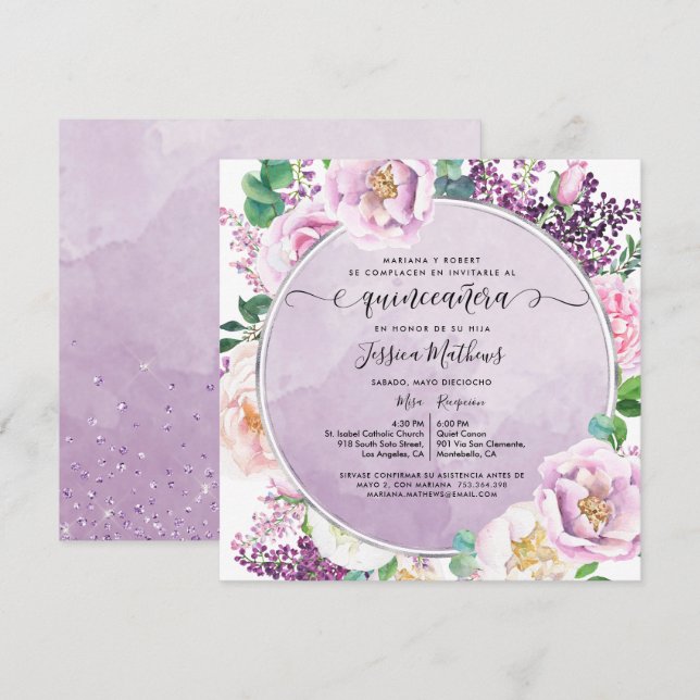 In Spanish, Elegant Purple Floral Quinceanera Invitation (Front/Back)