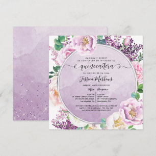 In Spanish, Elegant Purple Floral Quinceanera Invitation