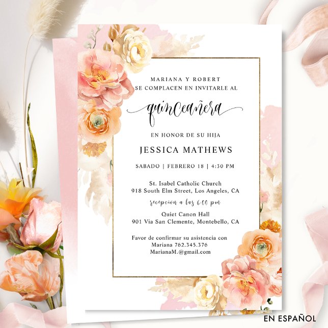 In Spanish, Unique Elegant Pink Floral Quinceañera Invitation (Creator Uploaded)
