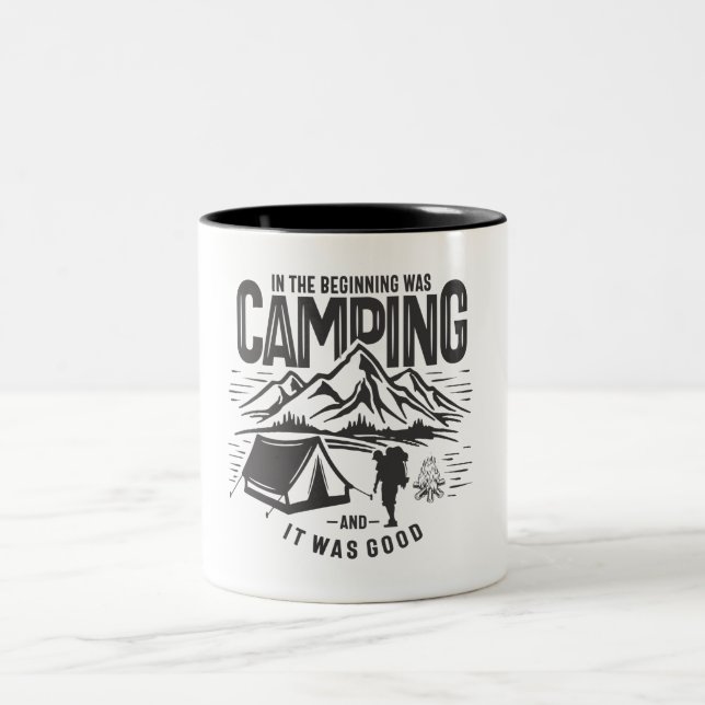 In The Beginning Was Camping Outdoor Adventure Two-Tone Coffee Mug (Center)