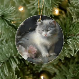 In The Company Of Flowers Gray and White Kitten Ceramic Tree Decoration