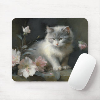 In The Company Of Flowers Grey and White Kitten Mouse Mat