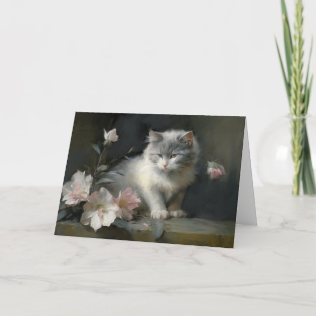 In The Company Of Flowers Grey and White Kitten Thank You Card (Front)