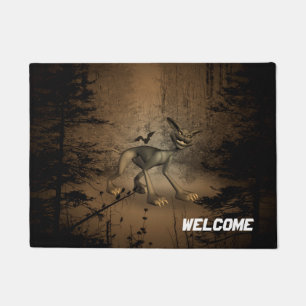 In the dark forest with funny cat and bird doormat