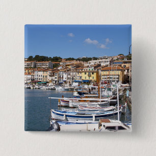 In the harbour in Cassis village. Fishing and 15 Cm Square Badge