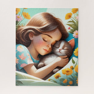 In the illustration, a girl and her cat are spendi jigsaw puzzle