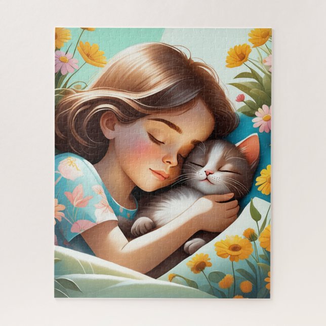 In the illustration, a girl and her cat are spendi jigsaw puzzle (Vertical)