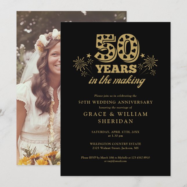 In The Making Gold Black 50th Anniversary Photo Invitation (Front/Back)