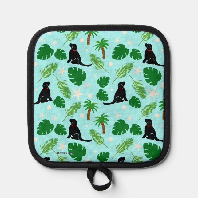 In the Ocean Blue Tropical Black Pup Pot Holder (Front)