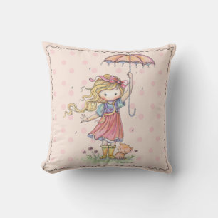 In the Rain Cute Girl and Kitty Pillow