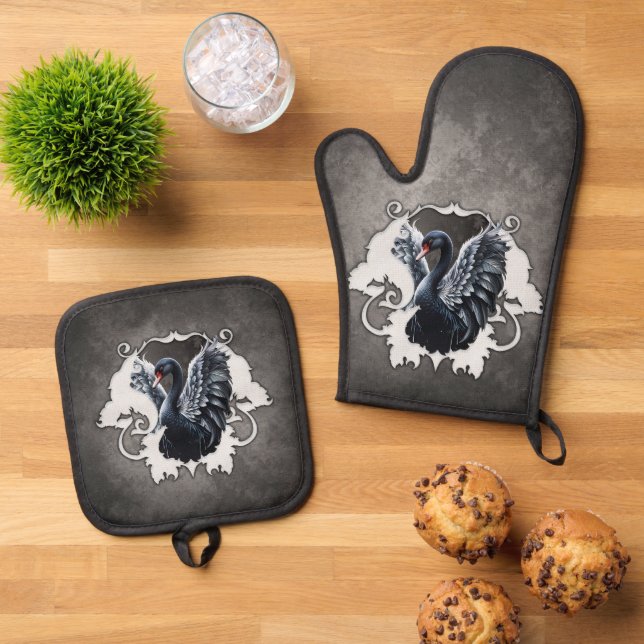 In the shadow of elegance: A black swan.  Oven Mitt & Pot Holder Set (Top Down)