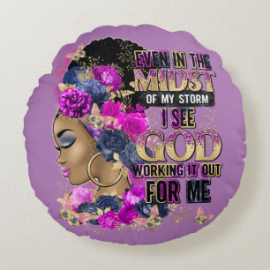 In The Storm Queen Black Melanin Woman Brown Skin Round Cushion