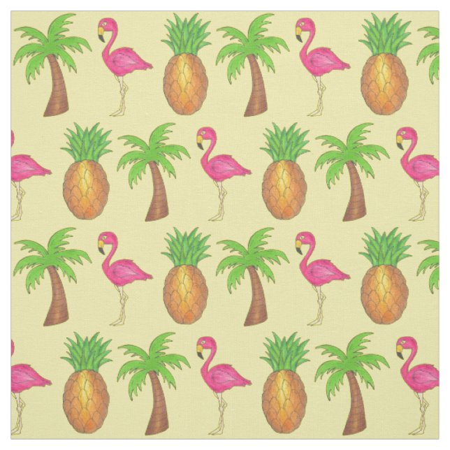 In The Tropics Pineapple Flamingo Palm Tree Beach Fabric (Swatch)
