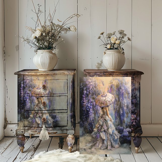 In the Wisteria, Full length Ethereal Portrait Art Tissue Paper (Blue Wisteria Purple & Dusty Blue Romantic Portrait with a parasol Art Scene Decoupage Paper)