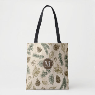 In the woods forest rustic evergreen sprigs cones tote bag