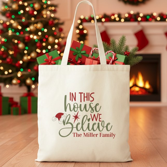 In This House We Believe Personalised Christmas Tote Bag (In This House We Believe Custom Christmas Tote Bag - Add Your Name, Family Name or Special Text)