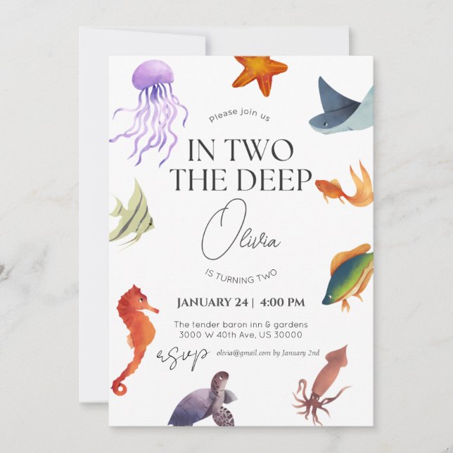 In two the deep, ocean, underwater 2nd birthday  invitation (Front)