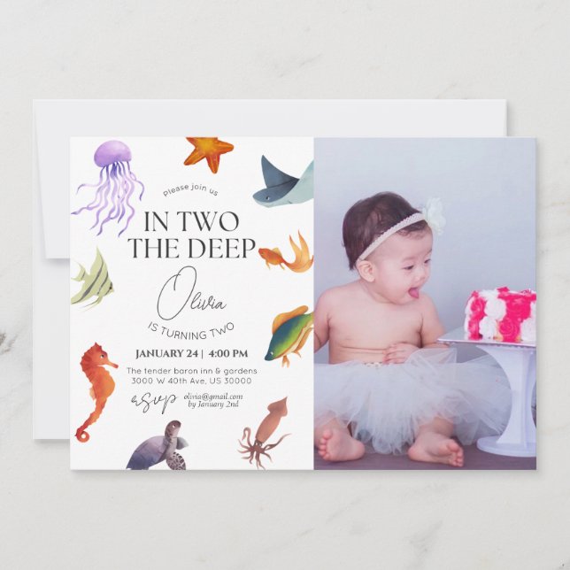 In two the deep, underwater 2nd birthday  invitation (Front)