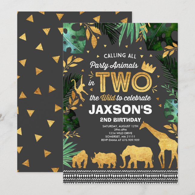 In Two The Wild Birthday Invitation Jungle Animals (Front/Back)