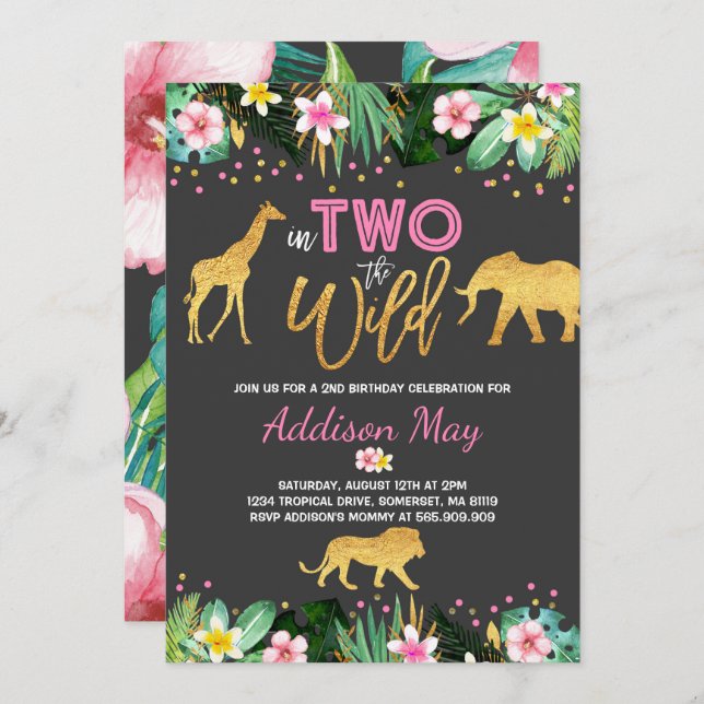 In Two The Wild Birthday Invitation Jungle Animals (Front/Back)