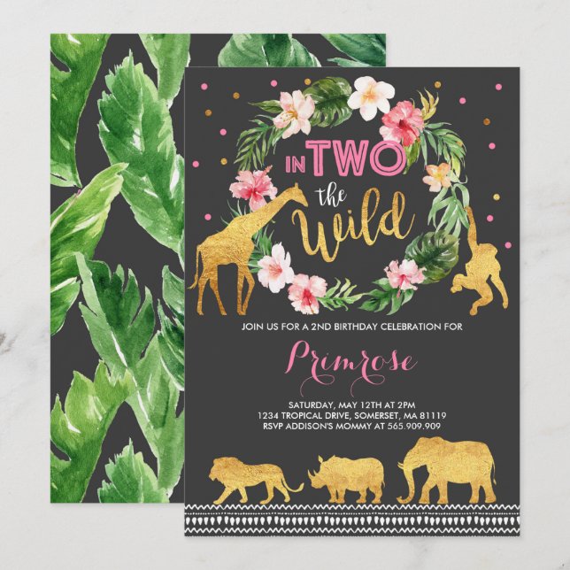 In Two The Wild Birthday Invitation Jungle Animals (Front/Back)
