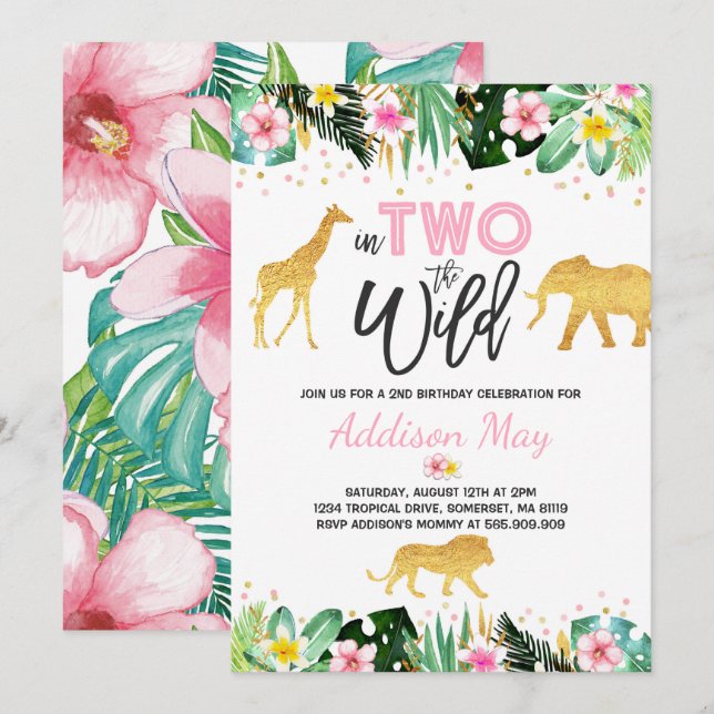 In Two The Wild Birthday Invitation Jungle Animals (Front/Back)