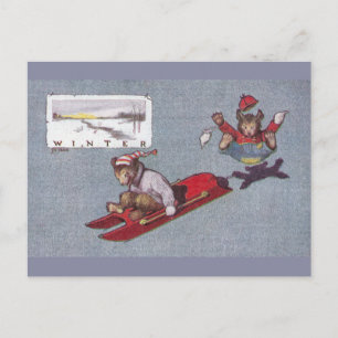 In Winter Teddy Bears Go Sledding Postcard