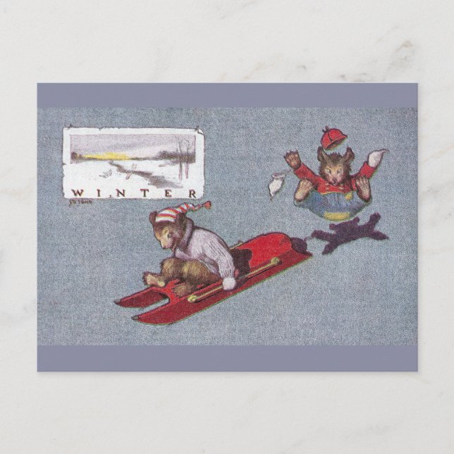 In Winter Teddy Bears Go Sledding Postcard (Front)