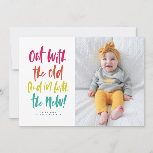 In with the new colourful happy new year photo car holiday card (Front)